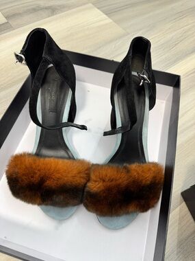Alexander Wang Black Suede Ankle-Strap Heels with Brown Fur Toe